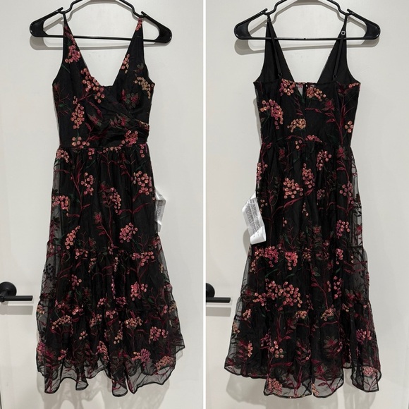 Dress the Population Black Paulette Embroidered Sequins Chiffon Midi Dress - XXS - Picture 3 of 8